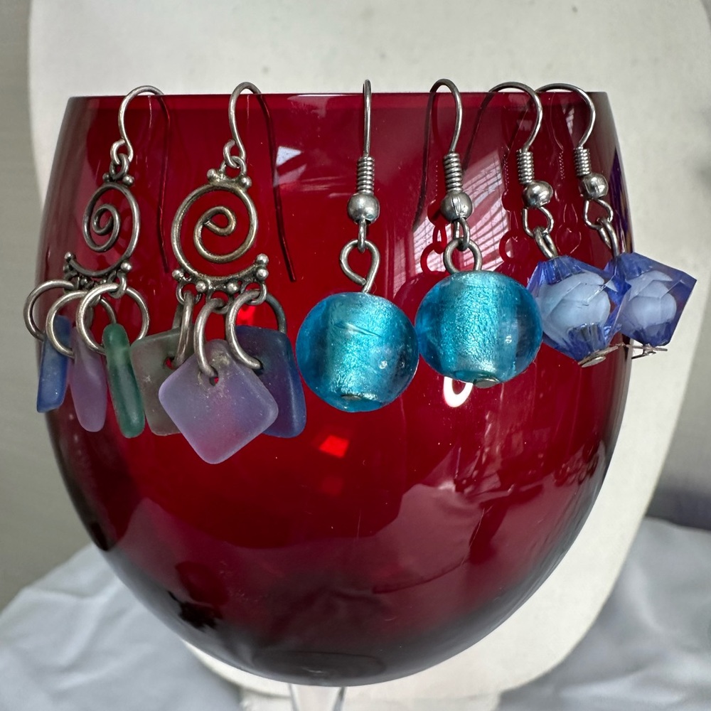 Three pair of blue green purple vibe petite earrings